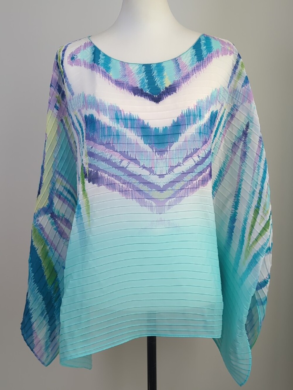 Chico’s Abstract Ikat Chevron Print Pleated Chiffon Poncho Blouse Top LARGE XL
